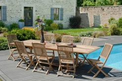 Salon dejardin en teck Table rectangle 200/300 cm et 8 chaises Lombock pliantes SUMMER