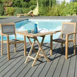 Salon de jardin 2 places en teck, 1 table + 2 fauteuils empilables SUMMER