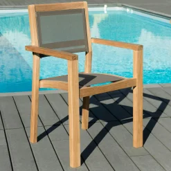Salon de jardin 2 places en teck, 1 table + 2 fauteuils empilables SUMMER