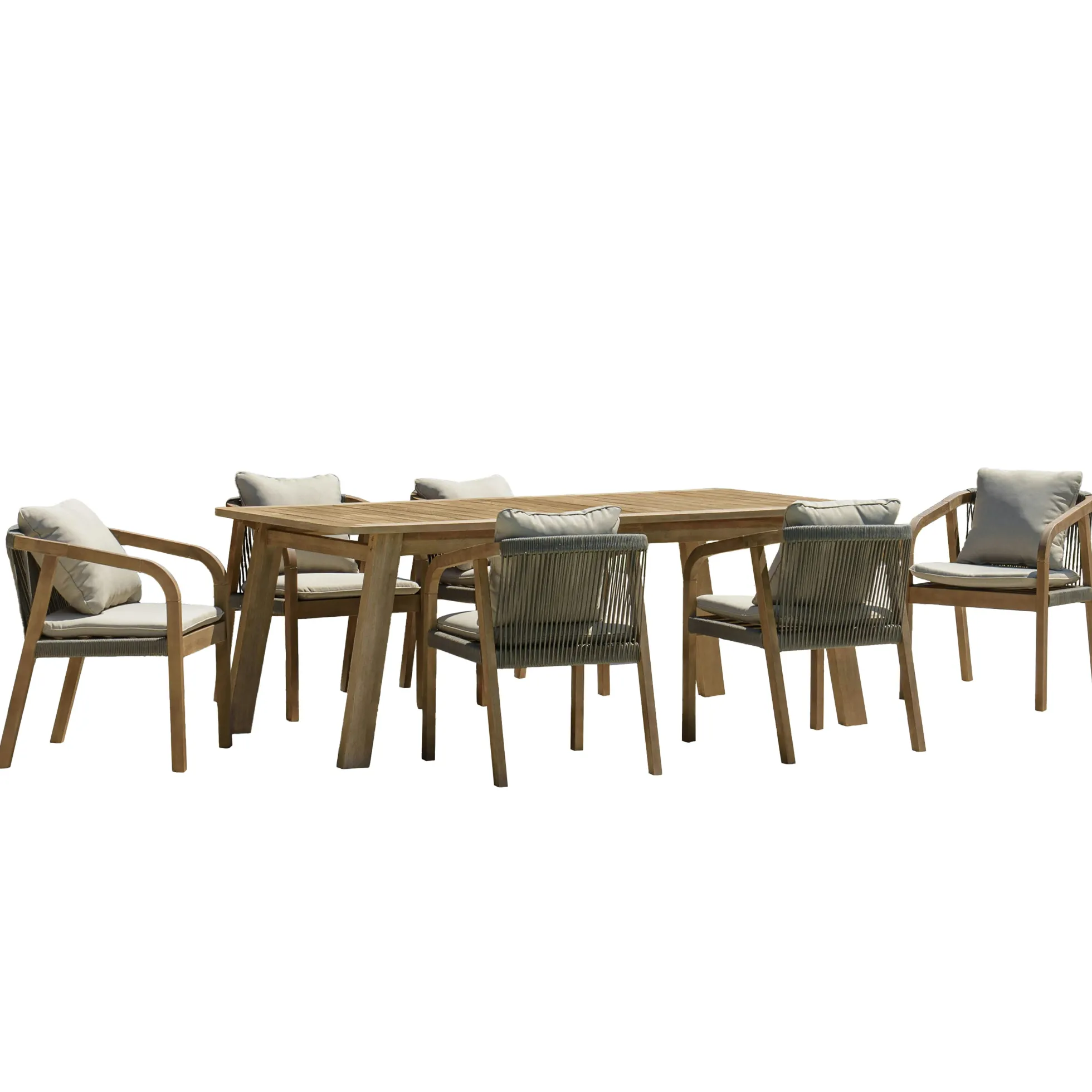 Salon de jardin table acacia et 6 fauteuils cordage vert avec coussins BAHIA