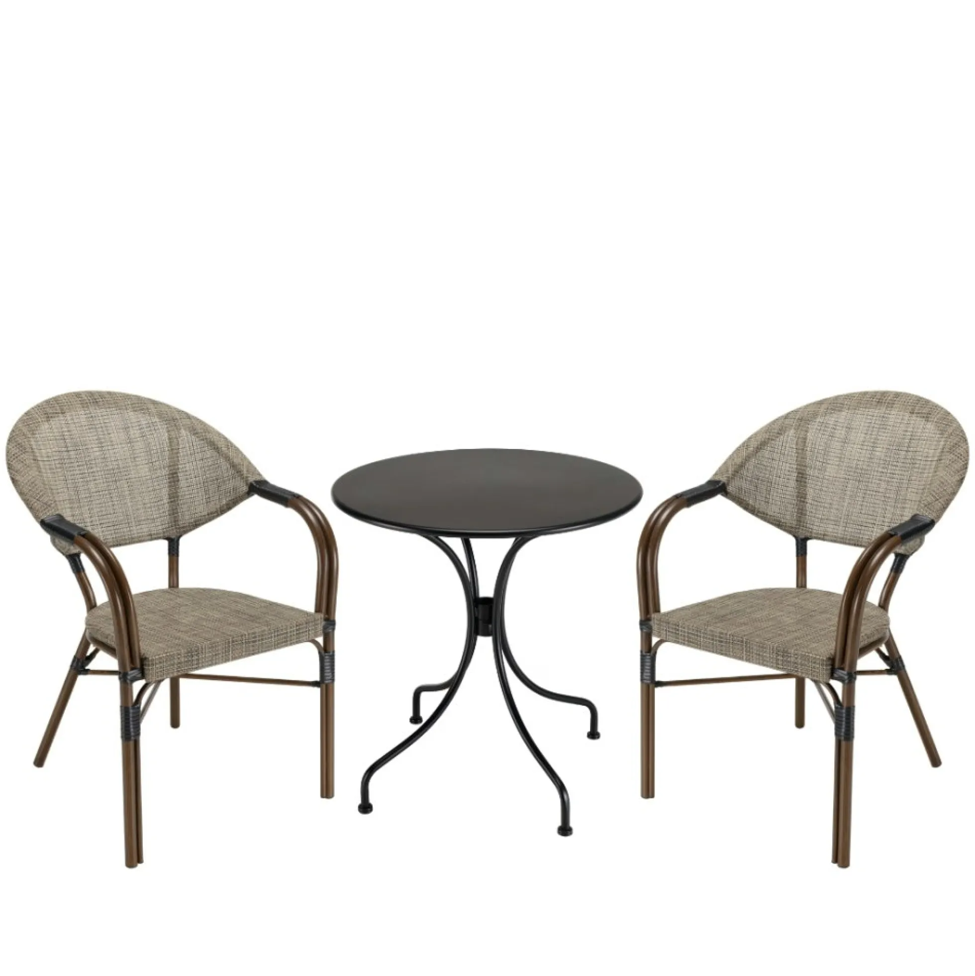 Salon de jardin table noire ronde D70 cm + 2 fauteuils bistrot tissu taupe GIJON