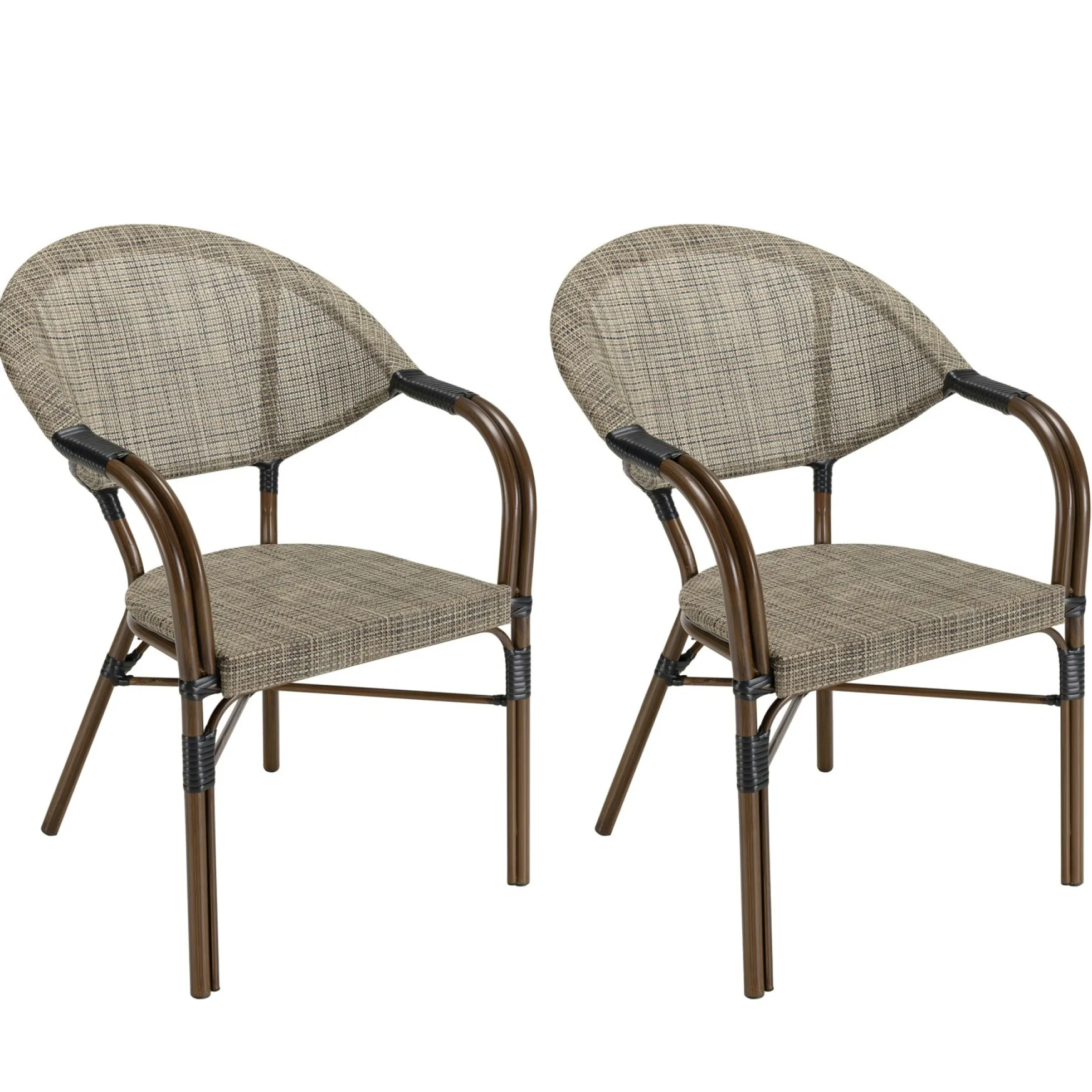 Salon de jardin table noire ronde D70 cm + 2 fauteuils bistrot tissu taupe GIJON