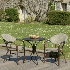 Salon de jardin table noire ronde D70 cm + 2 fauteuils bistrot tissu taupe GIJON