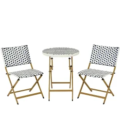 Salon de jardin table ronde + 2 chaises résine blanche tressée motifs bleus BISTROT