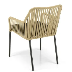 Salon de jardin 1 table ronde métal noir D70 cm - 2 fauteuils cordage couleur naturelle 1 coussin noir GIJON