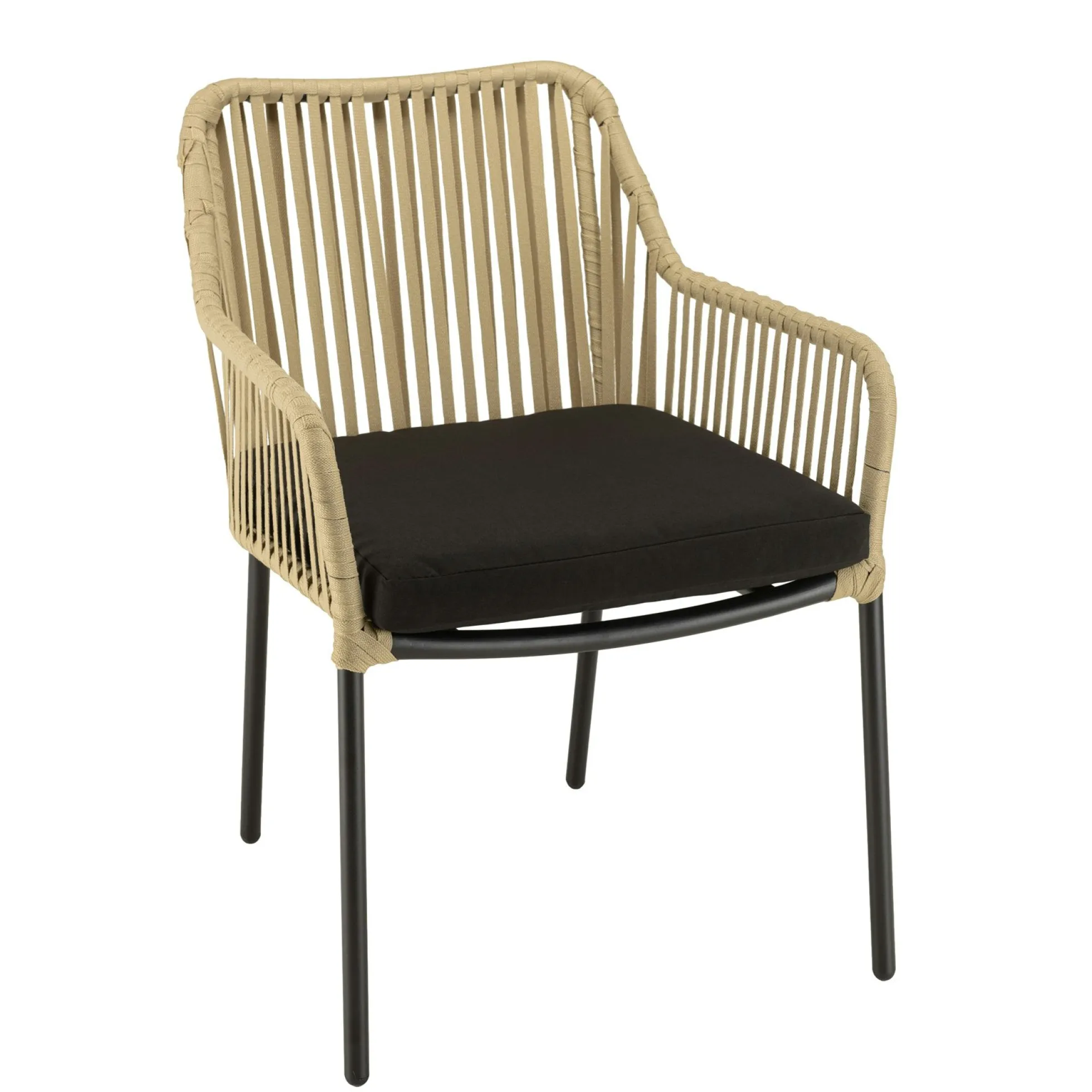 Salon de jardin 1 table ronde métal noir D70 cm - 2 fauteuils cordage couleur naturelle 1 coussin noir GIJON