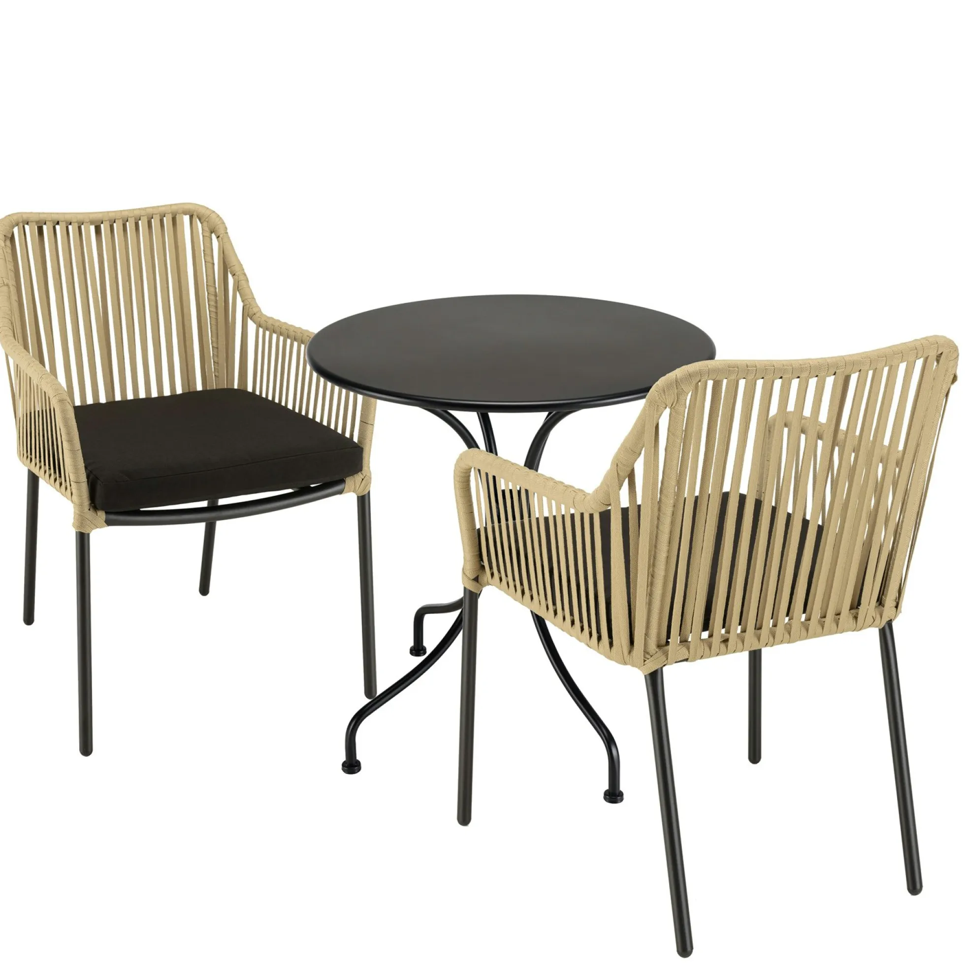 Salon de jardin 1 table ronde métal noir D70 cm - 2 fauteuils cordage couleur naturelle 1 coussin noir GIJON
