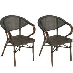 Salon de jardin table ronde noire D70 cm + 2 fauteuils bistrot tissu marron GIJON