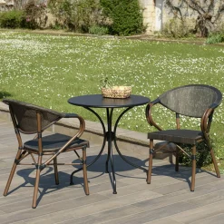 Salon de jardin table ronde noire D70 cm + 2 fauteuils bistrot tissu marron GIJON