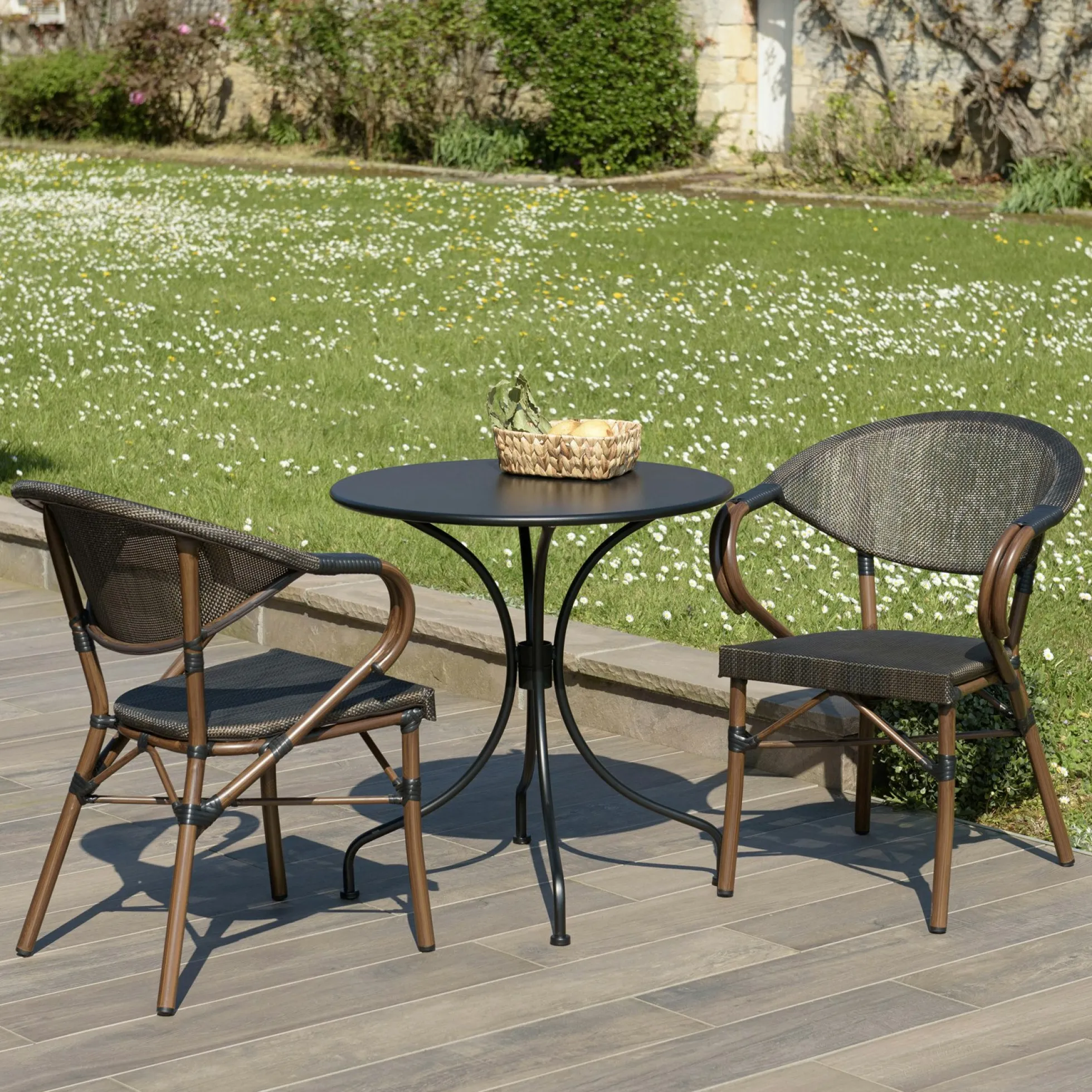 Salon de jardin table ronde noire D70 cm + 2 fauteuils bistrot tissu marron GIJON