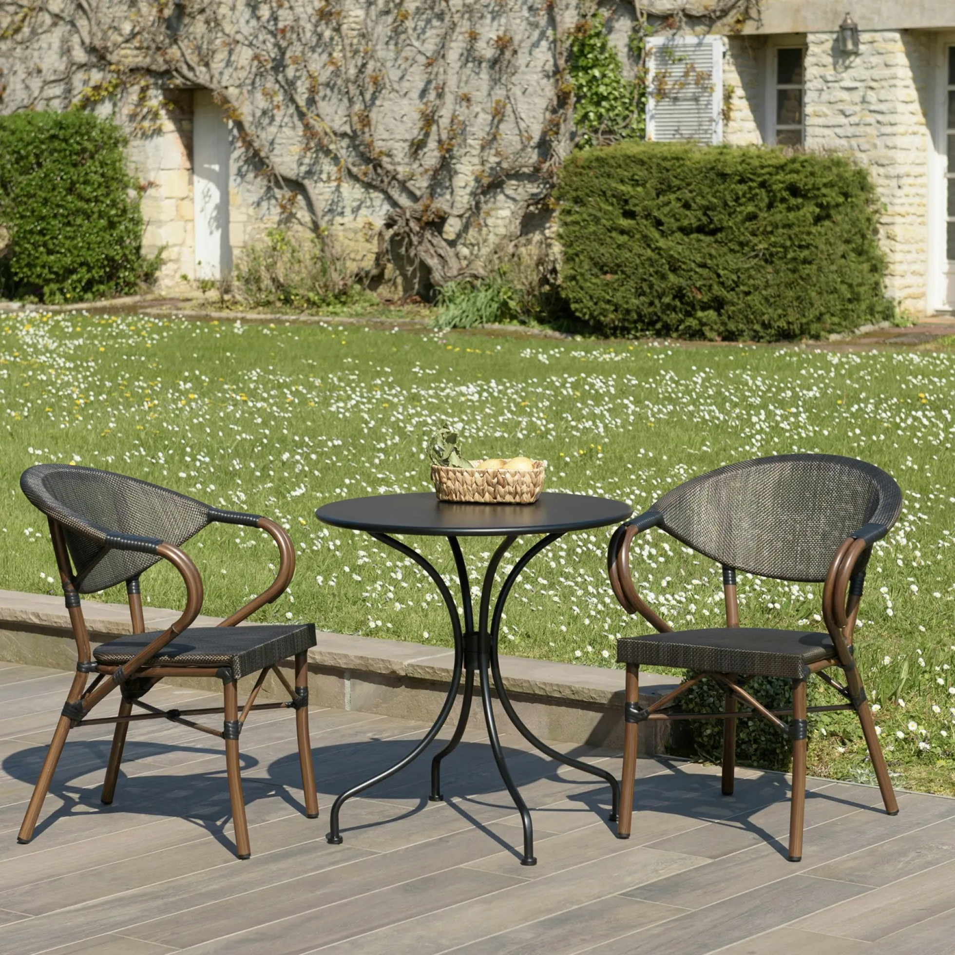 Salon de jardin table ronde noire D70 cm + 2 fauteuils bistrot tissu marron GIJON