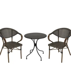 Salon de jardin table ronde noire D70 cm + 2 fauteuils bistrot tissu marron GIJON