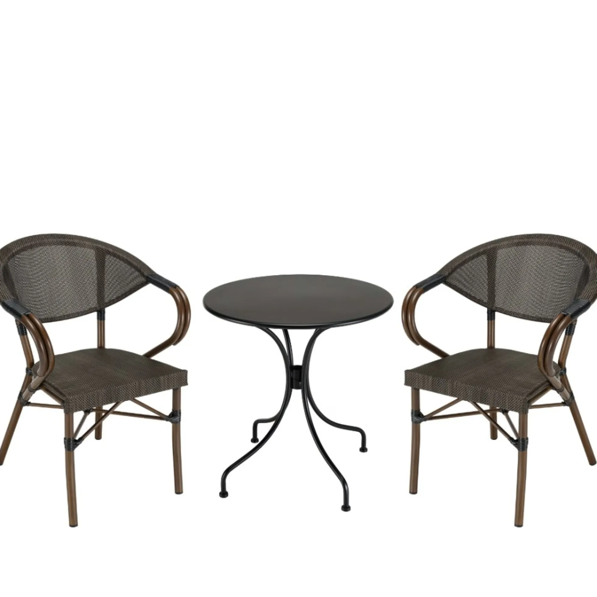 Salon de jardin table ronde noire D70 cm + 2 fauteuils bistrot tissu marron GIJON