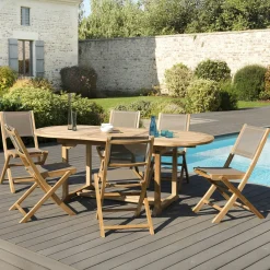Salon de Jardin Table Teck 150/200cm + 6 Chaises pliantes SUMMER