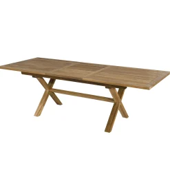 Salon de jardin teck brut table pieds en croix 180/240 + 6 chaises bord arrondi SUMMER
