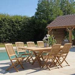 Salon de jardin teck brut table pieds en croix 180/240 + 6 chaises bord arrondi SUMMER