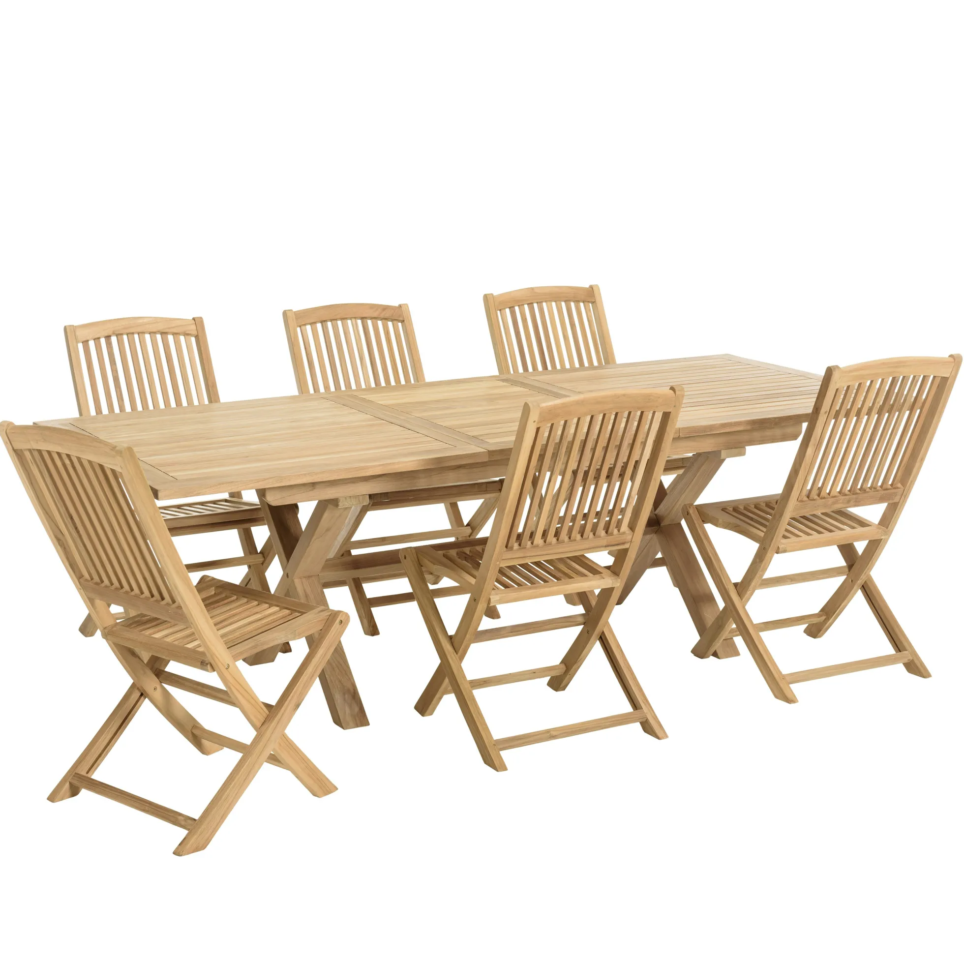 Salon de jardin teck brut table pieds en croix 180/240 + 6 chaises bord arrondi SUMMER