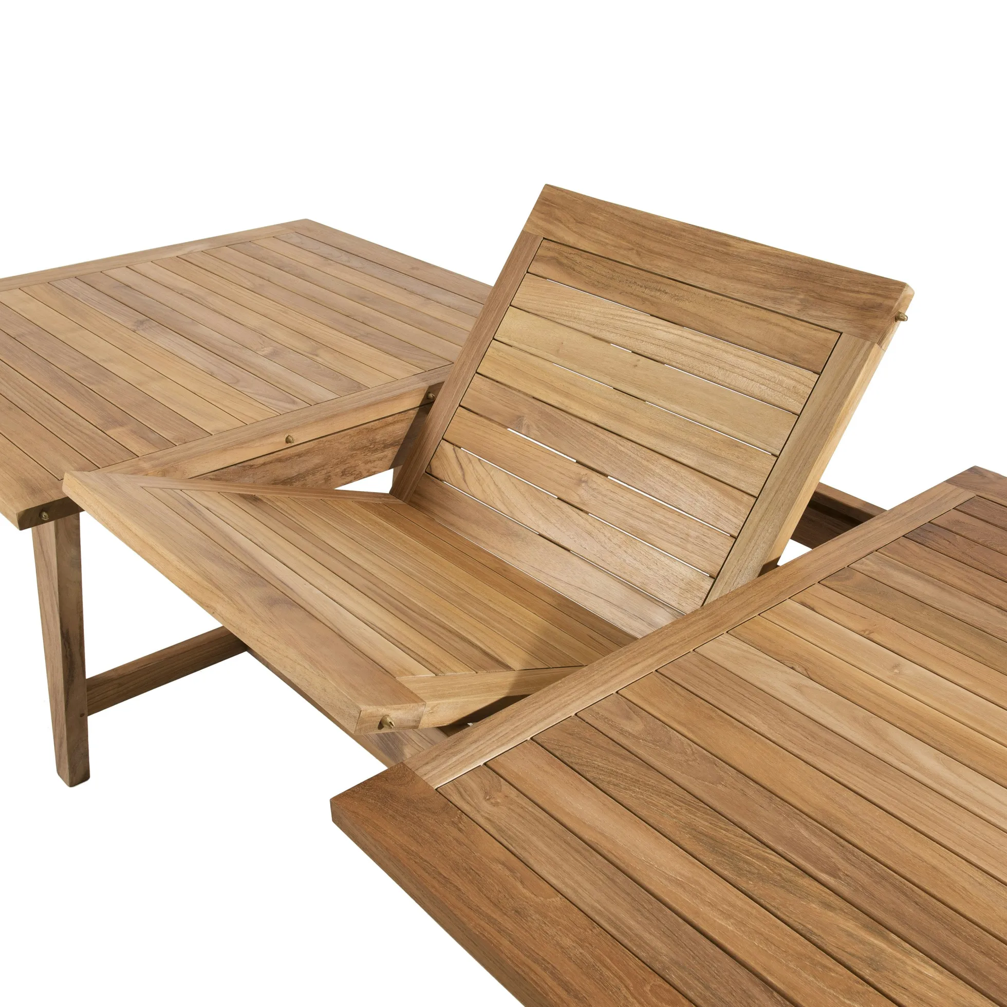 Salon de jardin teck brut table pieds tréteaux 180/240 + 6 chaises bord droit SUMMER