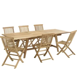 Salon de jardin teck brut table pieds tréteaux 180/240 + 6 chaises bord droit SUMMER
