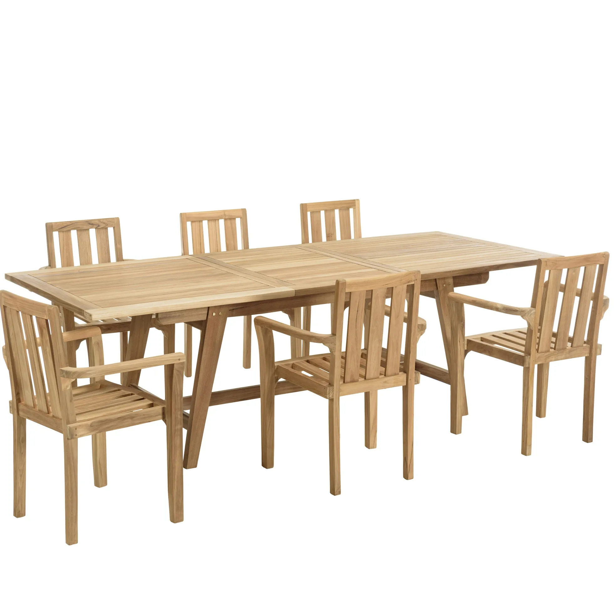Salon de jardin teck brut table pieds tréteaux 180/240 + 6 fauteuils SUMMER
