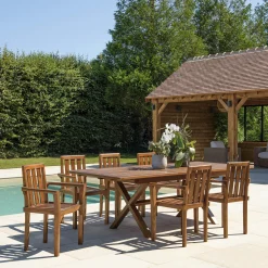 Salon de jardin teck huilé table pieds en croix 180/240 + 6 fauteuils MACAO