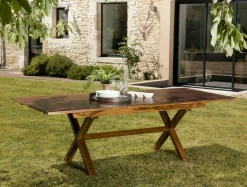 Salon de jardin teck huilé table pieds en croix 180/240 + 6 fauteuils MACAO