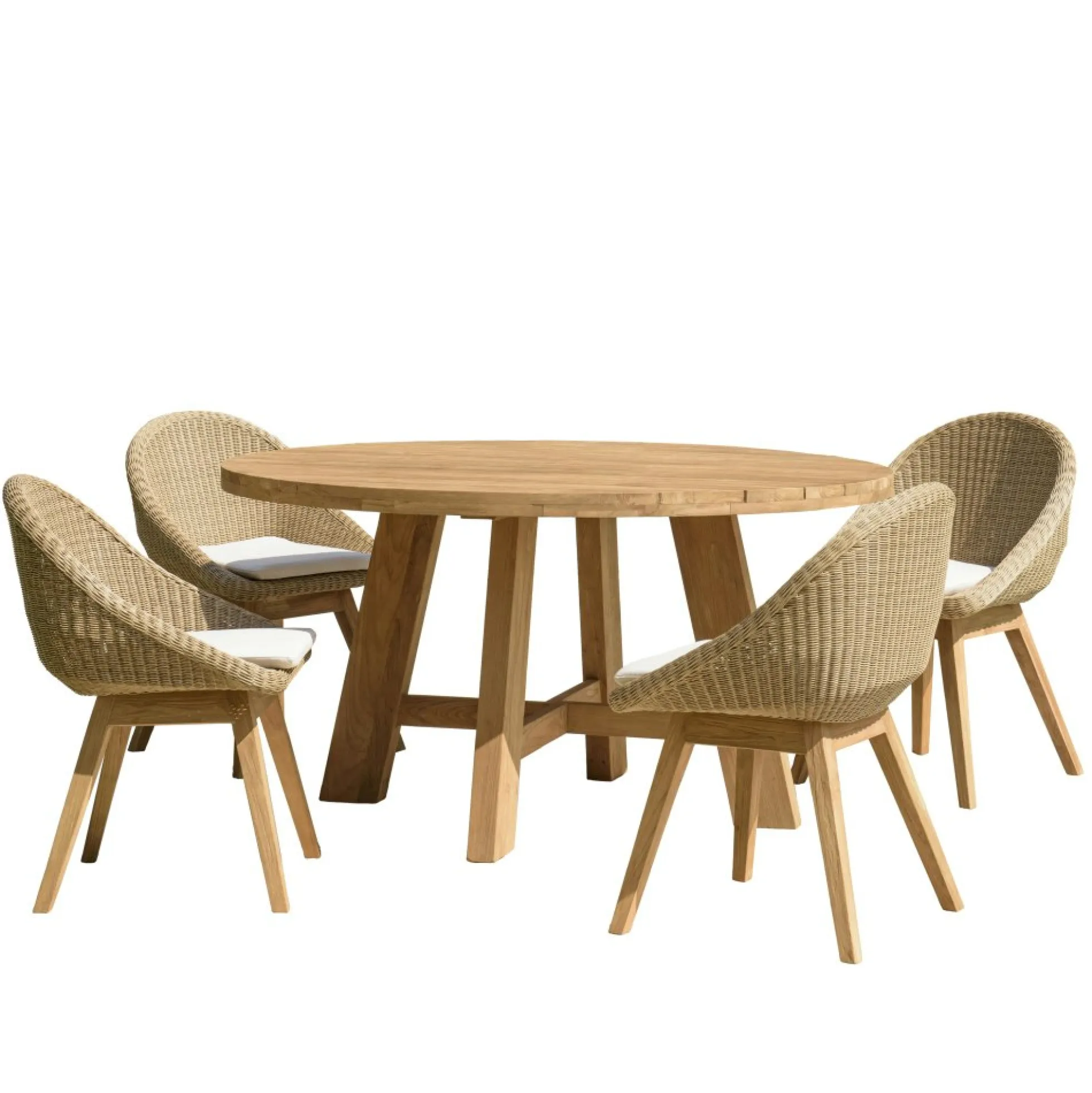 Salon de jardin teck naturel 1 table ronde 150 cm + 4 chaises arrondies résine tressée MANY