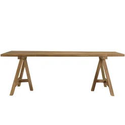 Salon de jardin teck naturel 1 table pieds tréteaux 220 cm + 6 chaises résine tressée MANY