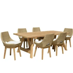 Salon de jardin teck naturel 1 table pieds tréteaux 220 cm + 6 chaises résine tressée MANY