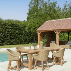 Salon de jardin teck naturel 1 table pieds droits 220 cm + 6 fauteuils arrondis résine tressée MANY