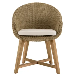 Salon de jardin teck naturel 1 table pieds droits 220 cm + 6 fauteuils arrondis résine tressée MANY