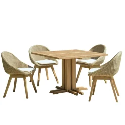 Salon de jardin teck naturel 1 table carrée 110 cm + 4 chaises arrondies résine tressée MANY