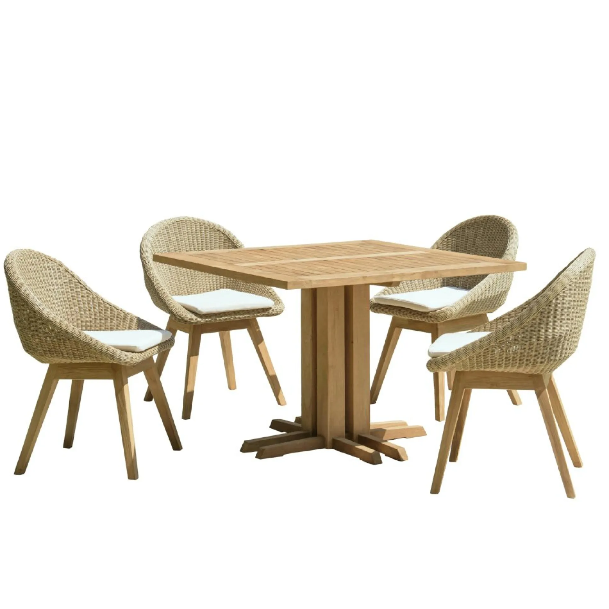 Salon de jardin teck naturel 1 table carrée 110 cm + 4 chaises arrondies résine tressée MANY