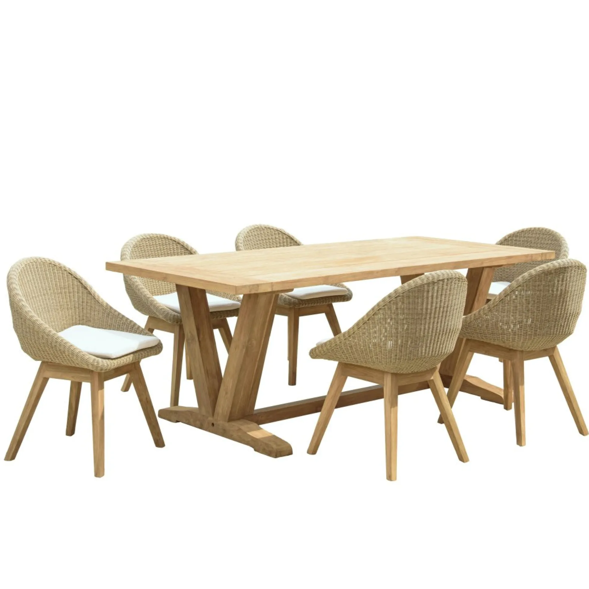 Salon de jardin teck naturel 1 table pieds en V 220 cm + 6 chaises arrondies résine tressée MANY