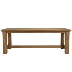 Salon de jardin teck naturel 1 table pieds droits 220 cm + 6 chaises arrondies résine tressée MANY