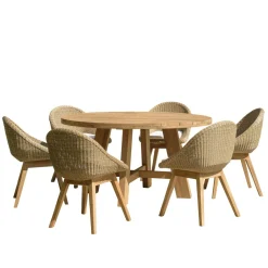 Salon de jardin teck naturel 1 table ronde 150 cm + 6 chaises arrondies résine tressée MANY