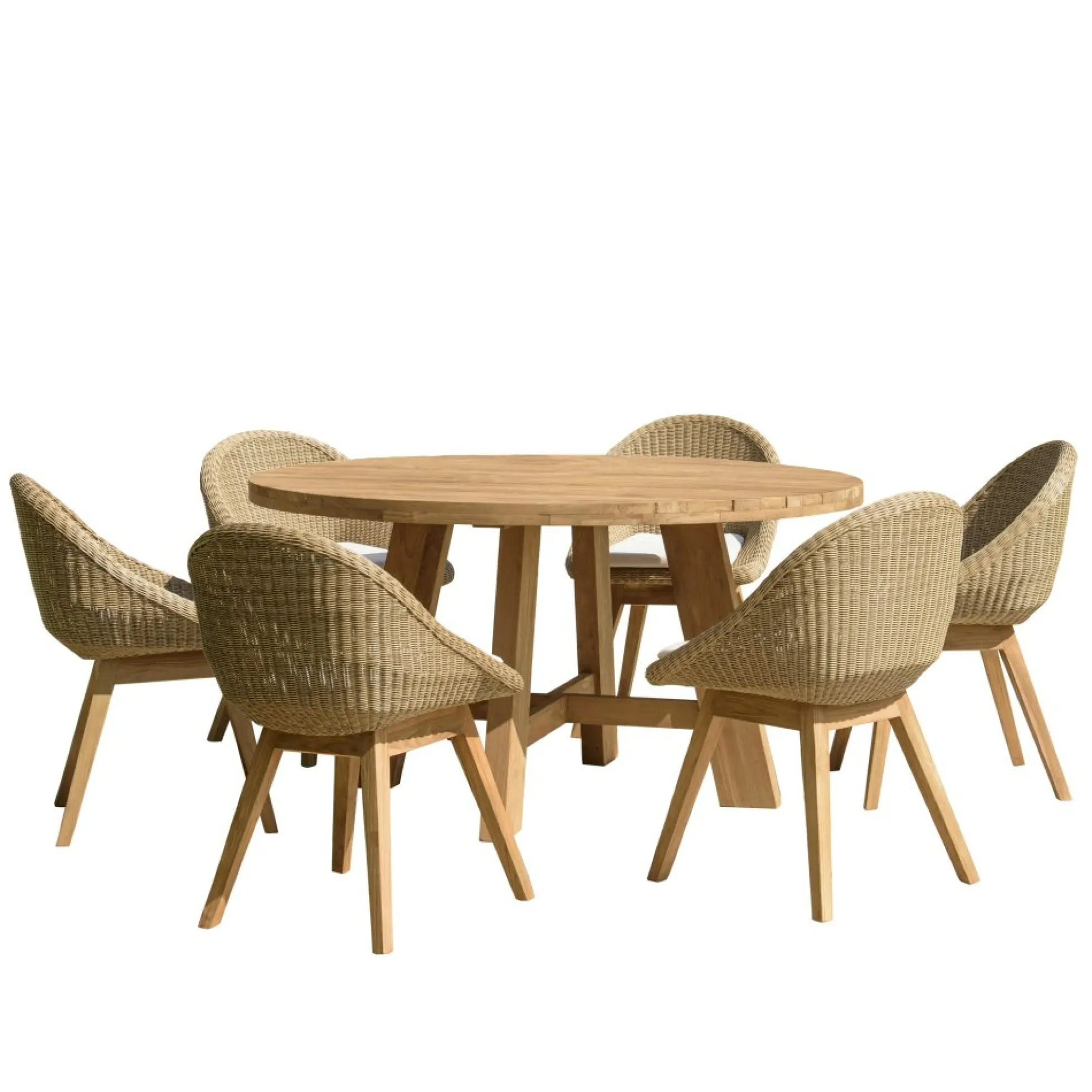 Salon de jardin teck naturel 1 table ronde 150 cm + 6 chaises arrondies résine tressée MANY