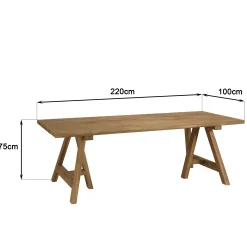 Salon de jardin teck naturel 1 table pieds tréteaux 220 cm + 6 chaises arrondies résine tressée MANY