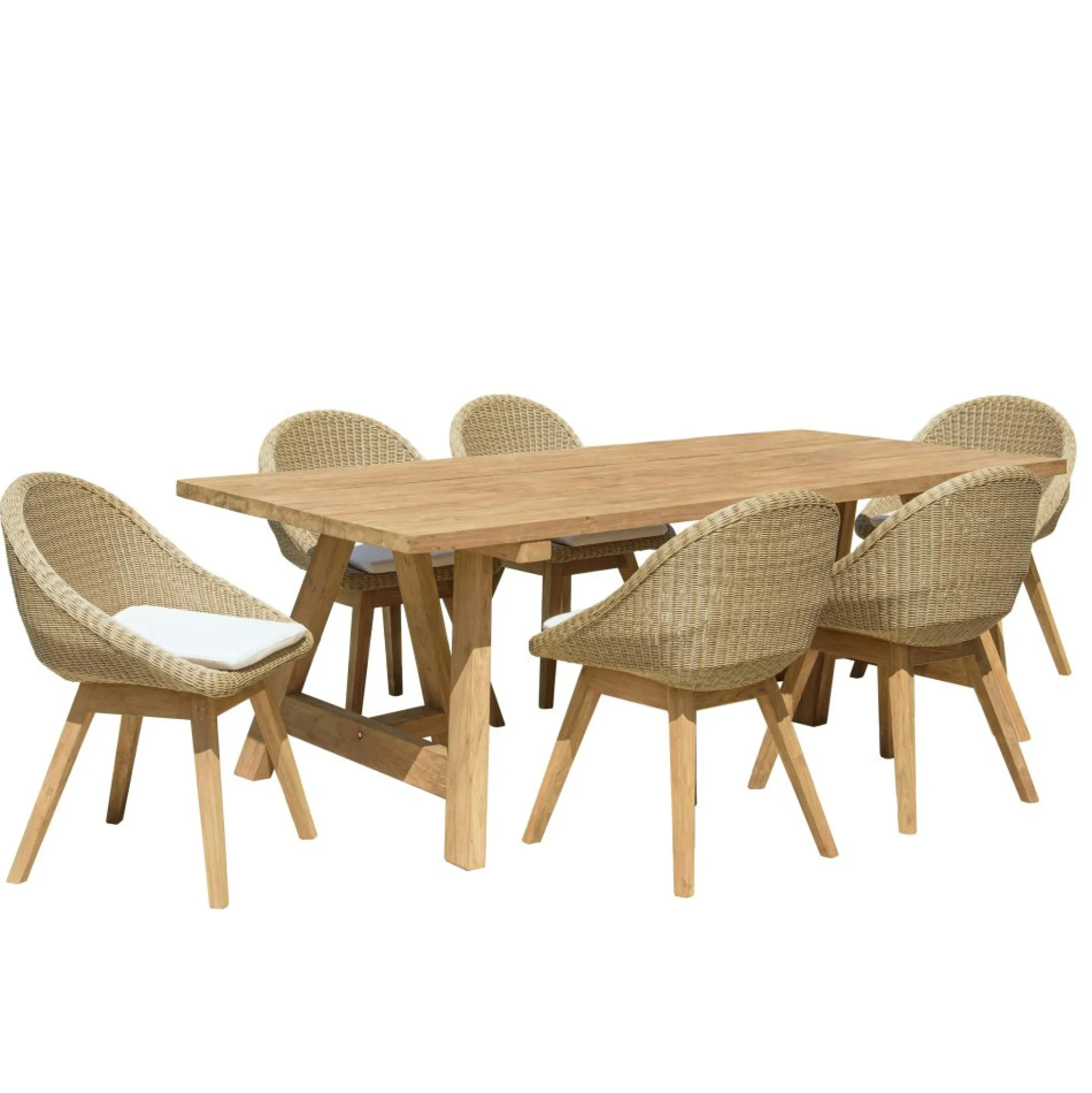 Salon de jardin teck naturel 1 table pieds tréteaux 220 cm + 6 chaises arrondies résine tressée MANY