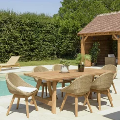 Salon de jardin teck naturel 1 table pieds tréteaux 220 cm + 6 chaises arrondies résine tressée MANY