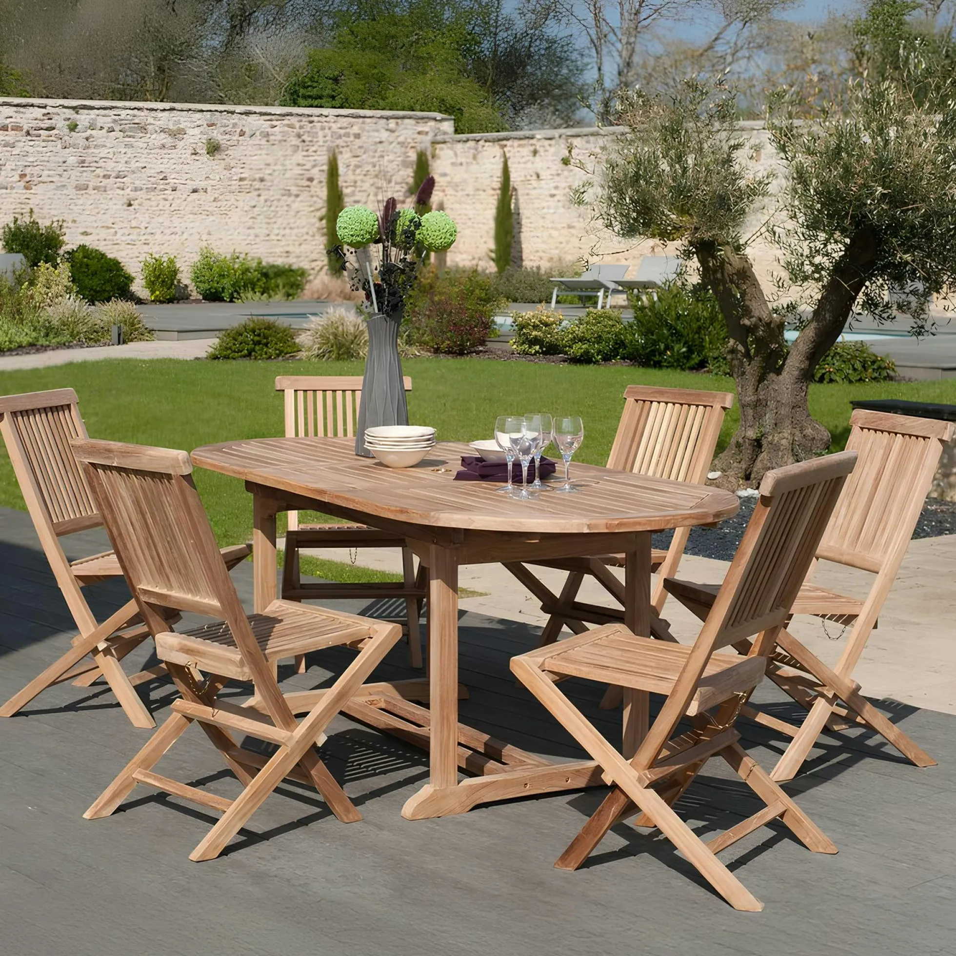 Salon de jardin Teck table ovale 150/200cm 6 chaises SUMMER