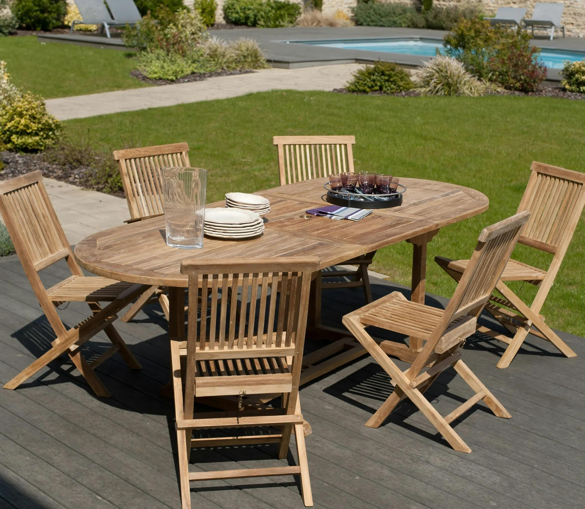 Salon de jardin Teck table ovale 180x100cm 6 chaises SUMMER