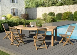 Salon de Jardin Teck Table 220x100 + 6 chaises pliantes BERGEN