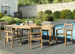 Salon de Jardin Teck Table 220x100 + 6 fauteuils empilables BERGEN ref. 30020837