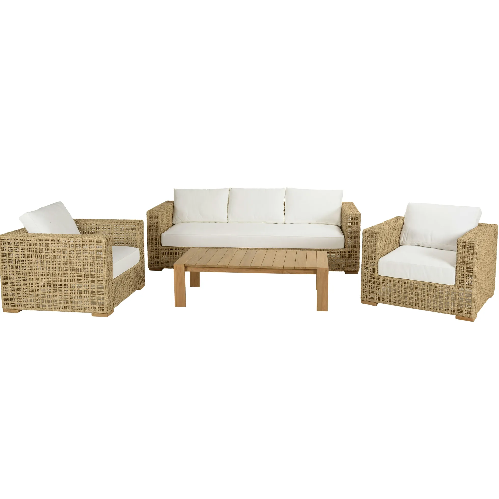 Salon de jardin tressage synthétique coussins blancs SUMMER