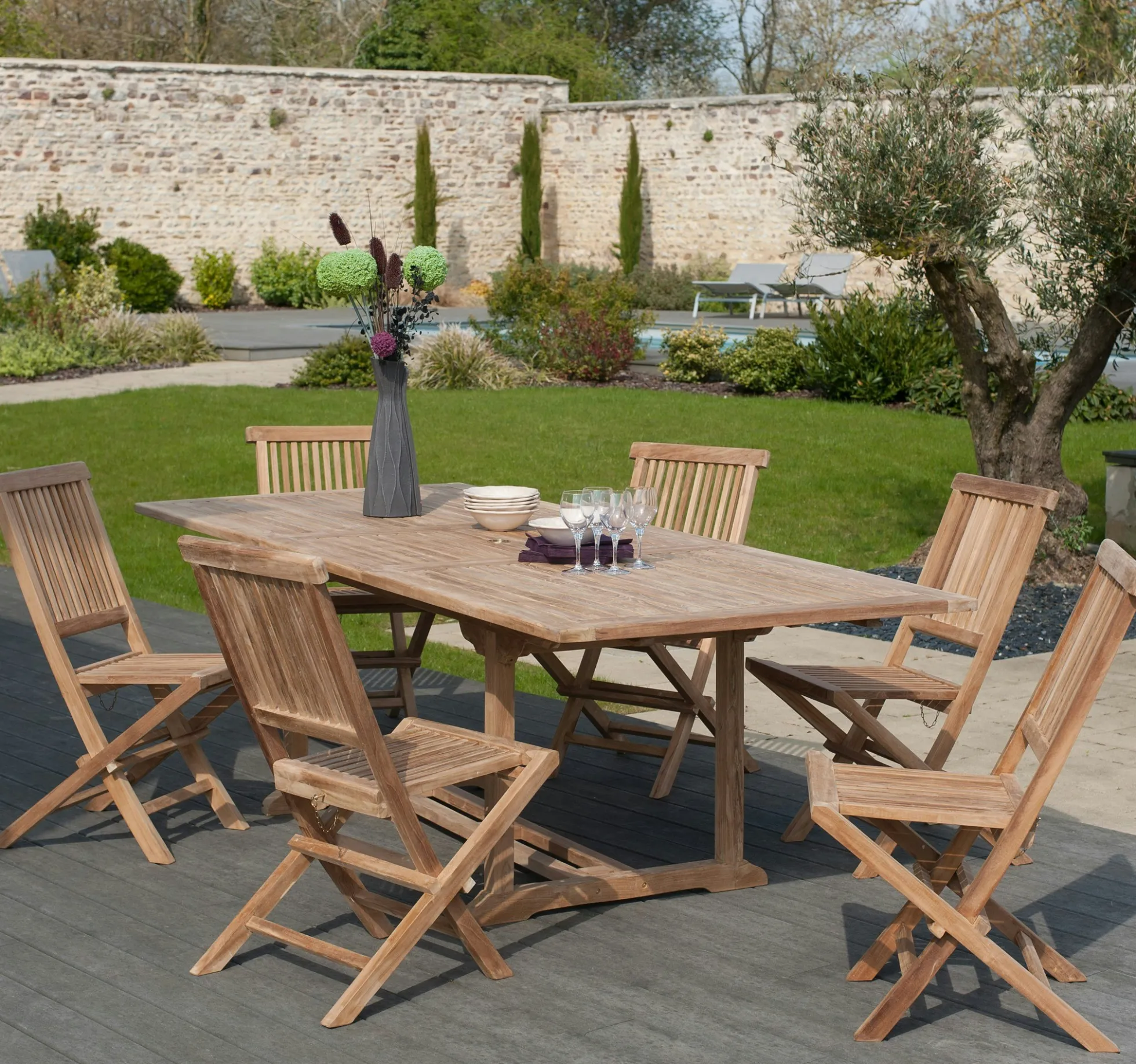 Salon jardin Teck table extensible 180/240cm 6 chaises SUMMER