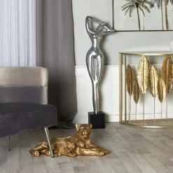 Sculpture moderne lionne et lionceau couleur dorée