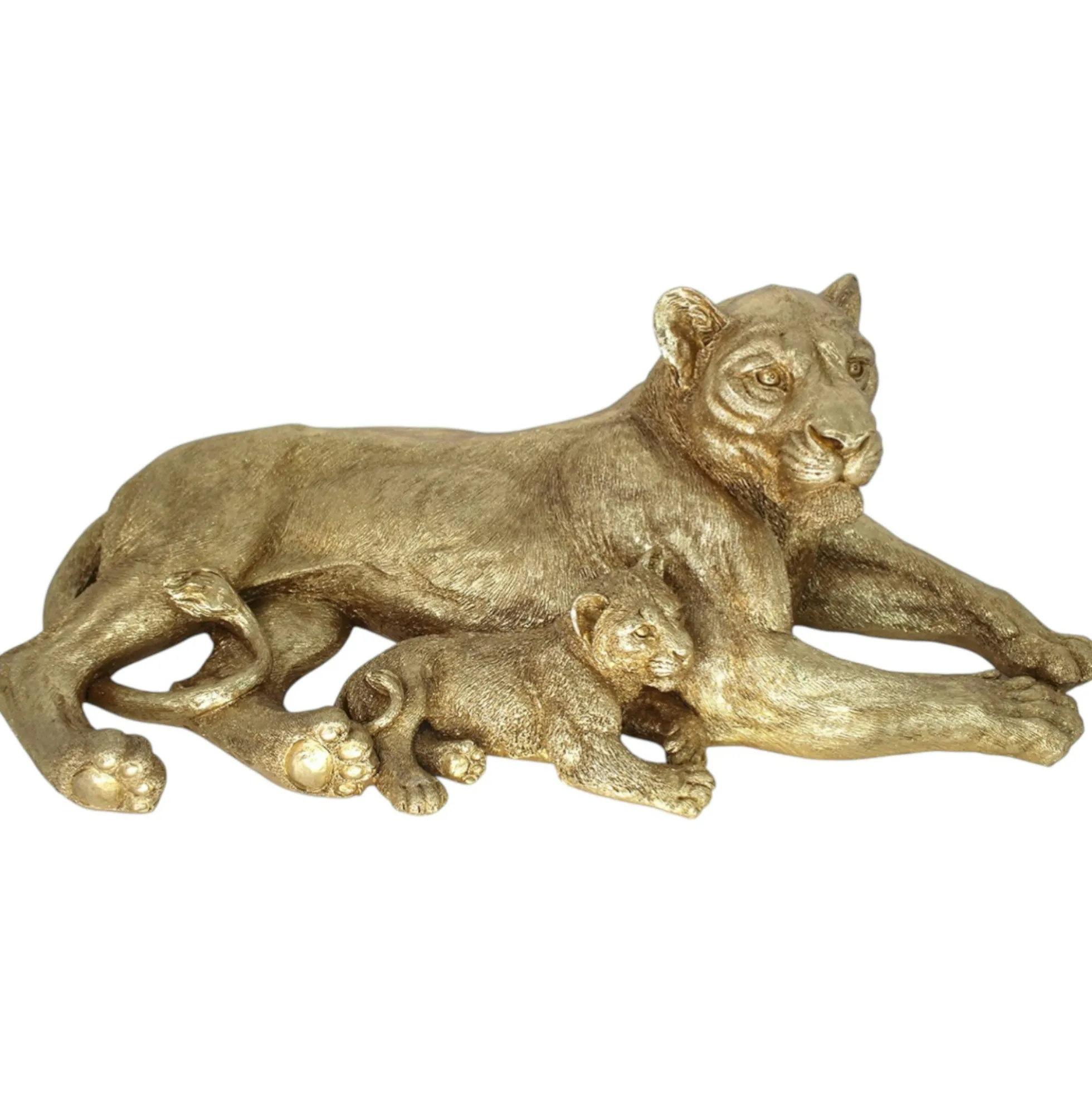 Sculpture moderne lionne et lionceau couleur dorée