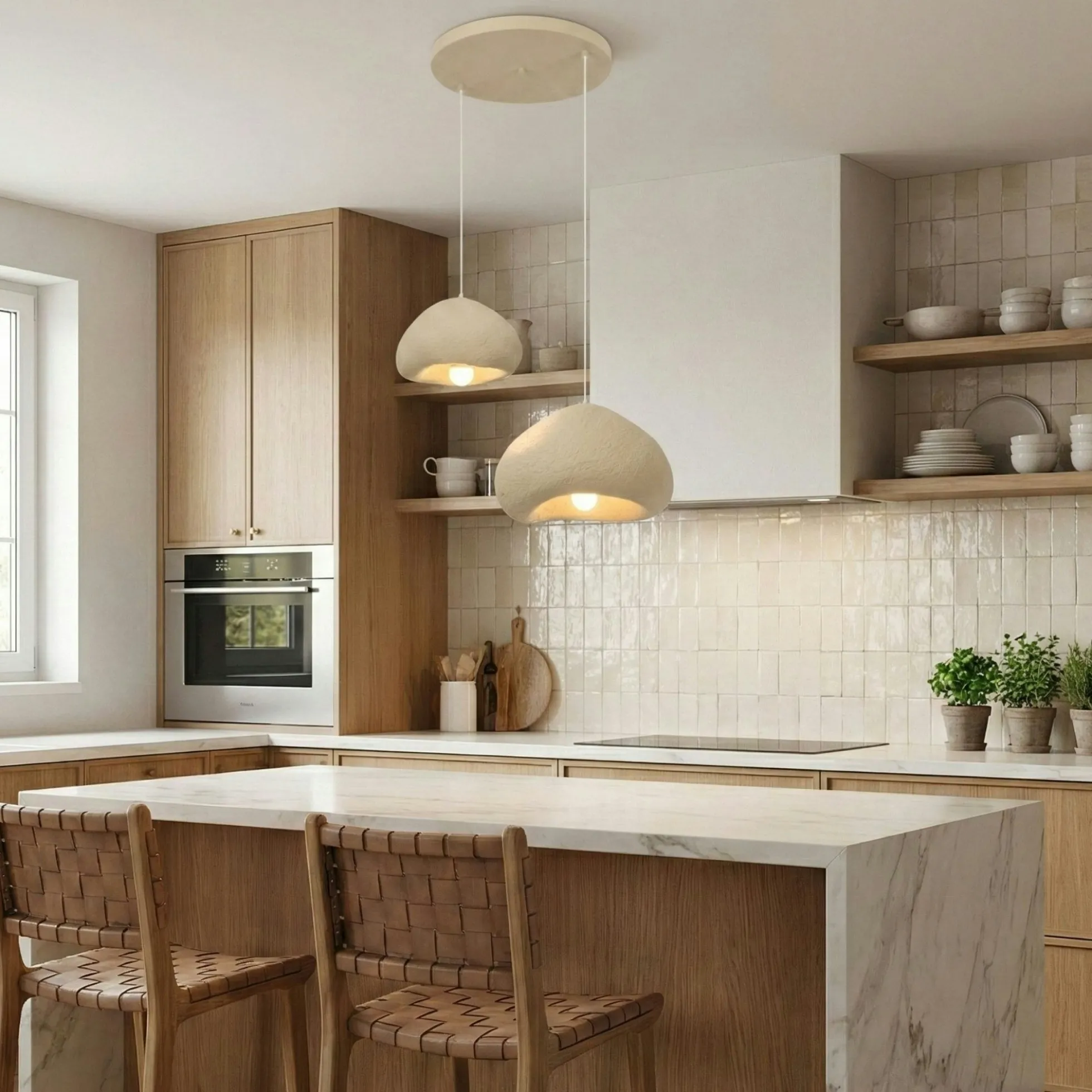 Suspension beige design organique 2 abat-jour 70 cm NOXIS