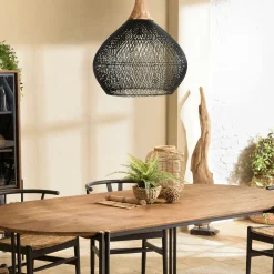 Suspension cloche 68x68cm en rotin couleur noire et teck FOLELLI